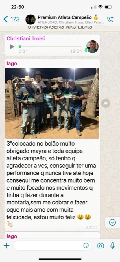 Iago Bertollo agradece a Mayra e a equipe após o terceiro lugar no bolão, com mais foco na montaria