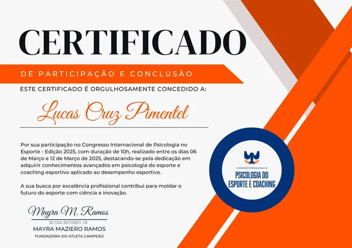 Modelo do certificado do Congresso Internacional de Psicologia do Esporte e Coaching