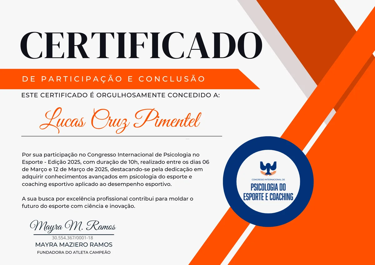 Certificado de participação e conclusão — Congresso de Psicologia do Esporte e Coaching