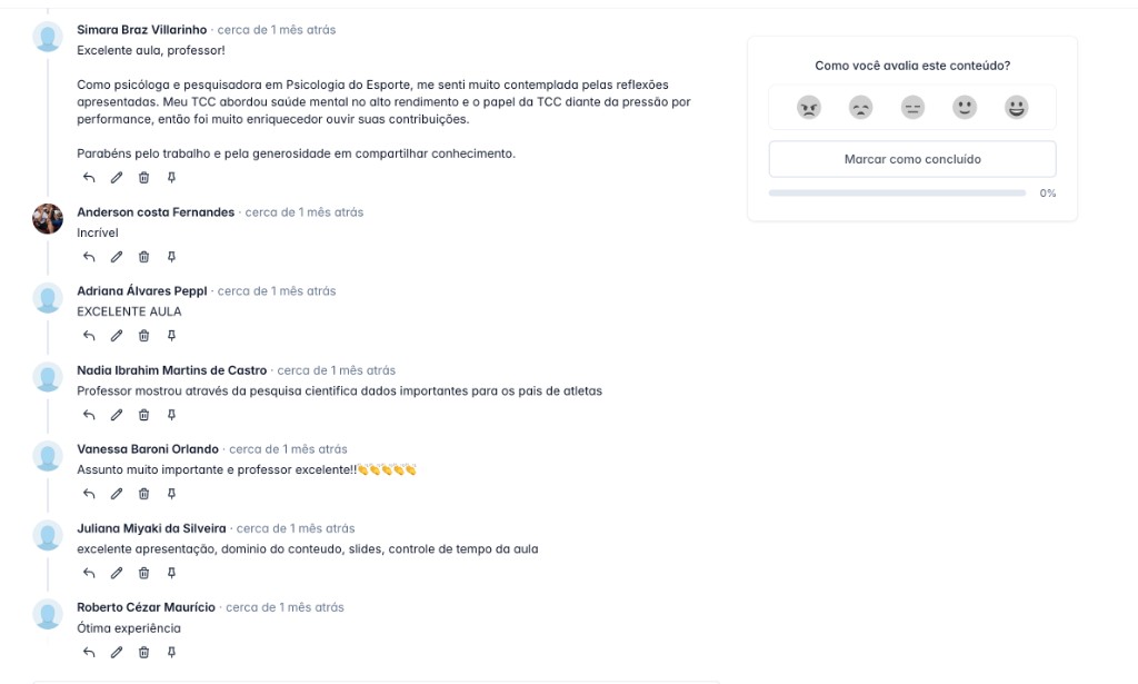 Depoimentos na plataforma sobre as aulas