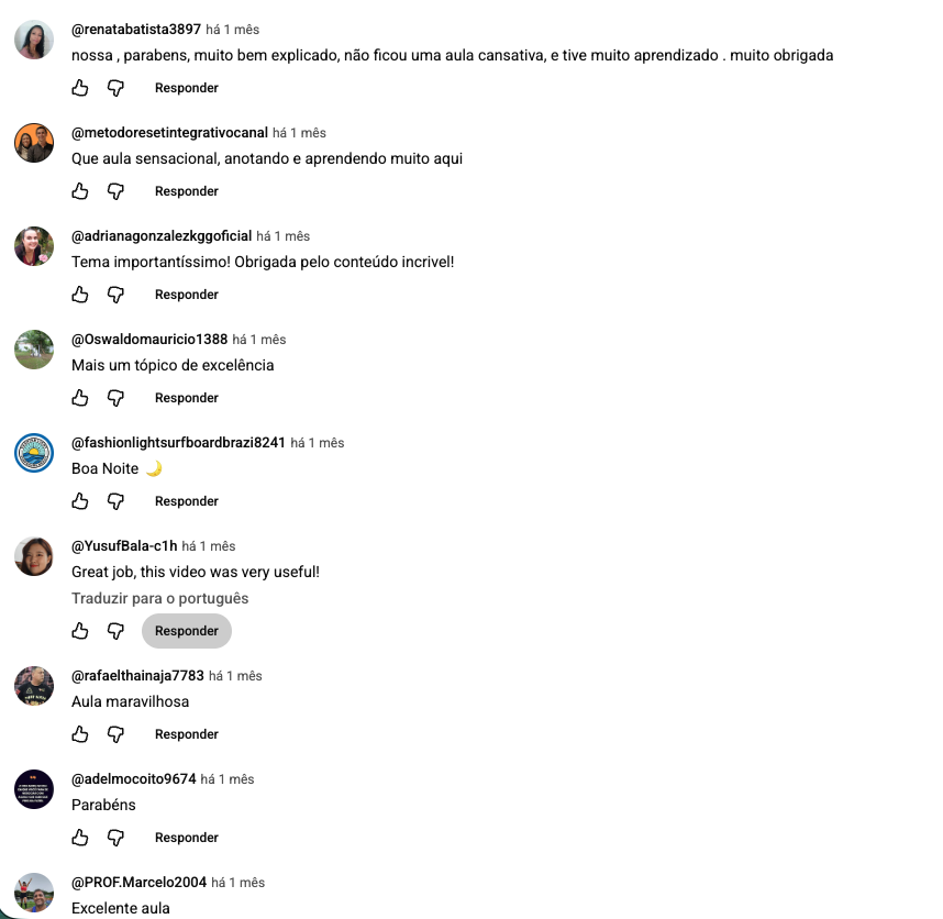 Comentários positivos das aulas no YouTube