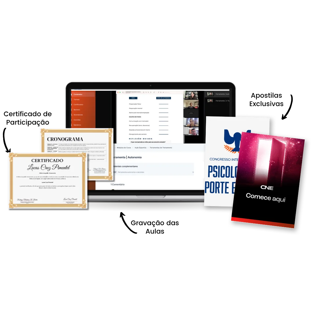Mockup da plataforma: aulas gravadas, certificado e materiais de Psicologia do Esporte