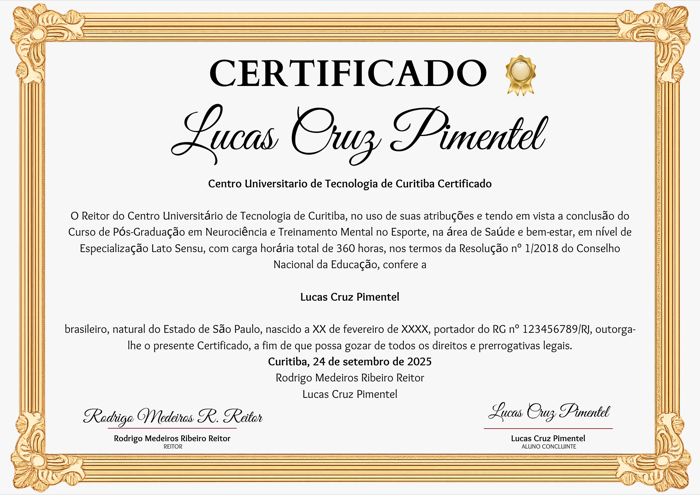 Certificado da Pós-Graduação em Psicologia do Esporte e Coaching — UNIFATEC e Atleta Campeão